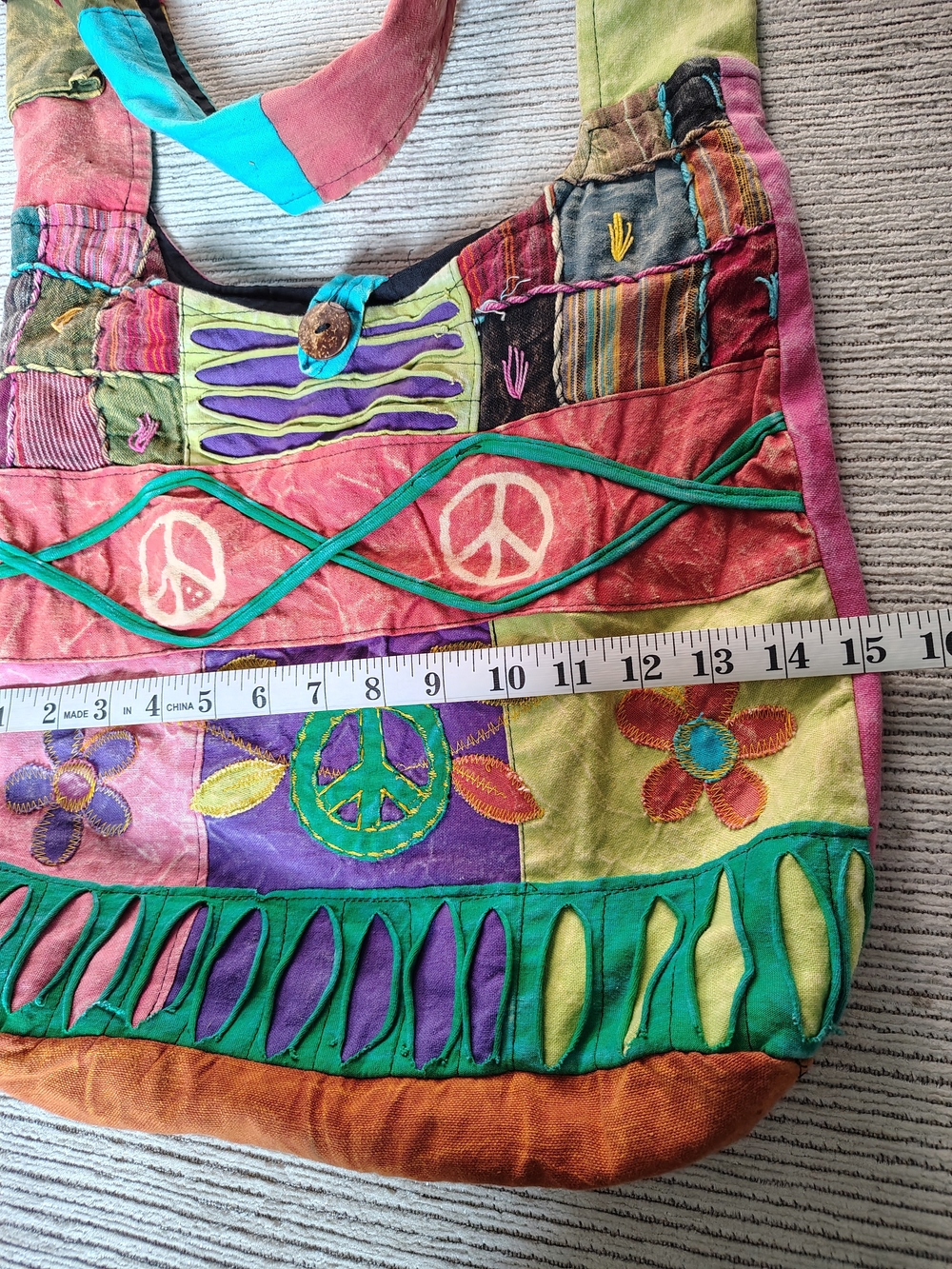 India Boutique Multicolor Patchwork Hobo Bag with Floral & Peace Motifs - Picture 3 of 8
